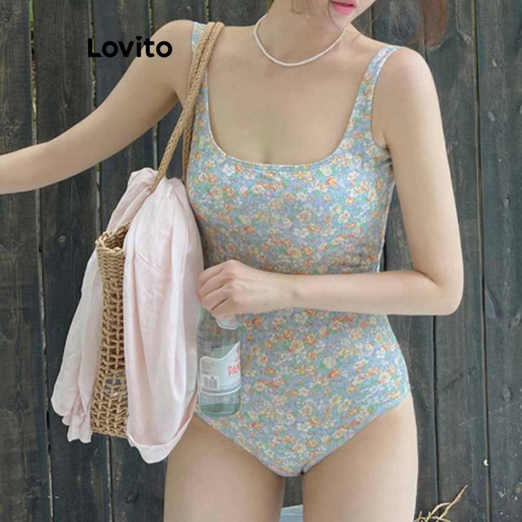 Lovito ชุดว่ายน้ำวันพีชผู้หญิง พิมพ์ลายดอกไม้ สไตล์ลำลอง LNA63056