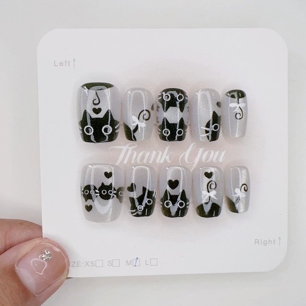 Cat Eye Handmade กดบนเล็บ 10 ชิ้นเล็บปลอมพร้อมสติกเกอร์กาว T065