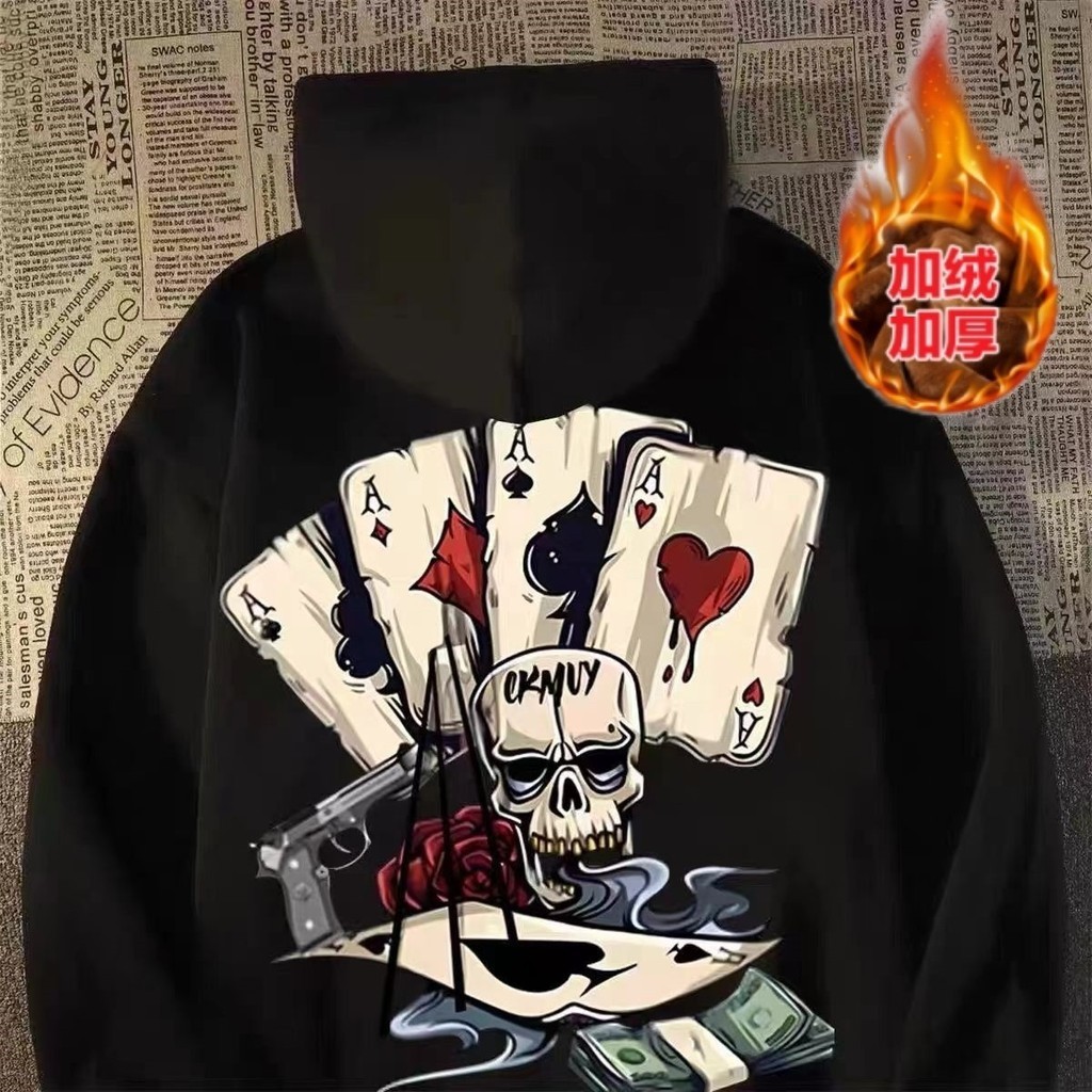 เสื้อสเวตเตอร์มีฮู้ดพิมพ์ลายอินเทรนด์สไตล์อเมริกันสตรีทสําหรับฤดูใบไม้ร่วงและฤดูหนาวหลวมสบายๆขนาดใหญ่บวกกํามะหยี่แขนยาวด้านบนสําหรับผู้