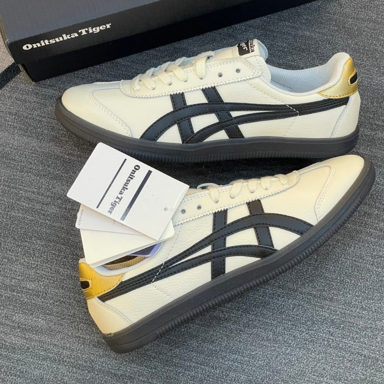 Onitsuka Tiger Mexico 66 รองเท้าผ้าใบสีดําทองสีขาวพร้อมกล่องเต็มรูปแบบสําหรับผู้ชายและผู้หญิงส้นทอง