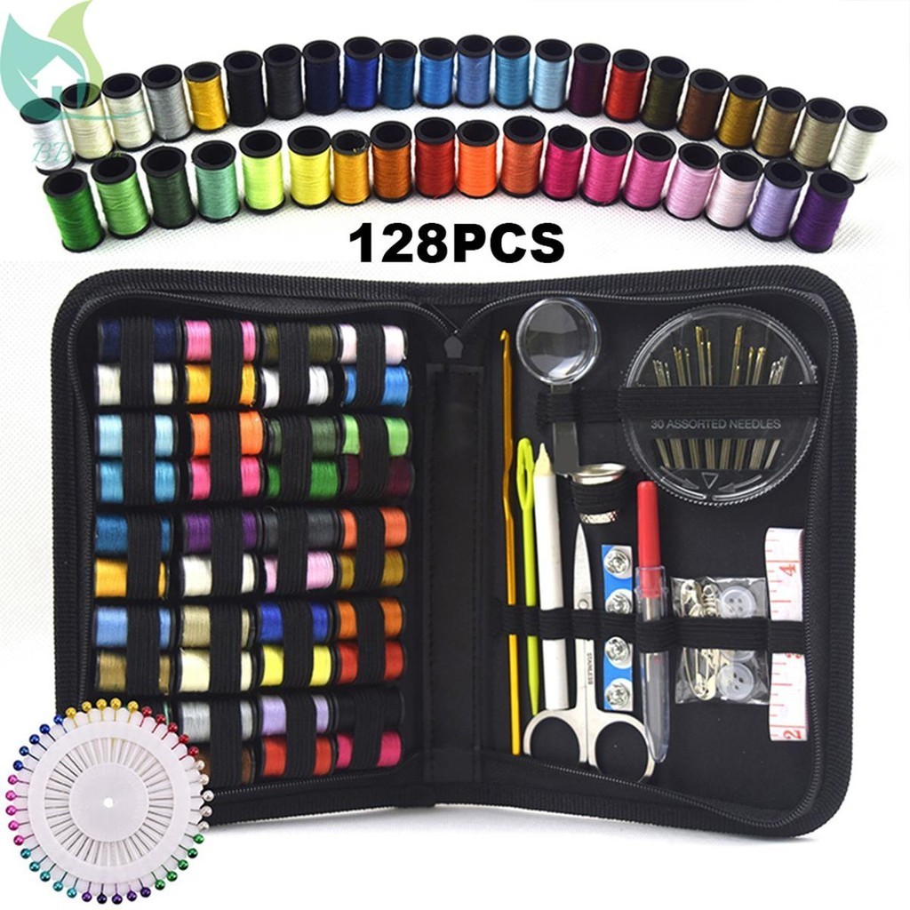 128ชิ้นชุดเย็บผ้าแบบพกพามืออาชีพอุปกรณ์เย็บผ้าด้วยขดลวดเข็มกรรไกรแว่นขยายเทปวัด ร้านค้า5913