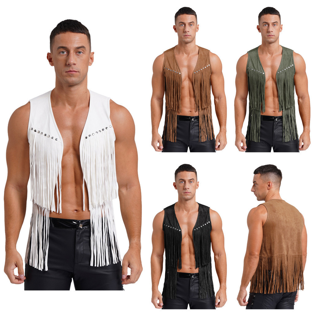 Western คาวบอยเครื่องแต่งกาย Mens Faux Suede พู่เสื้อกั๊กแฟชั่นแขนกุดเปิดด้านหน้าเสื้อกั๊ก Rivets Fringed คาวบอยคอสเพลย์ Coat