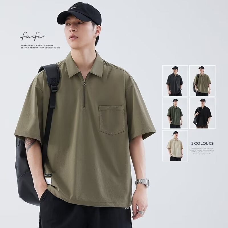 แฟชั่น สีพื้น เสื้อโปโลแขนสั้นผู้ชาย oversize ใส่สบาย