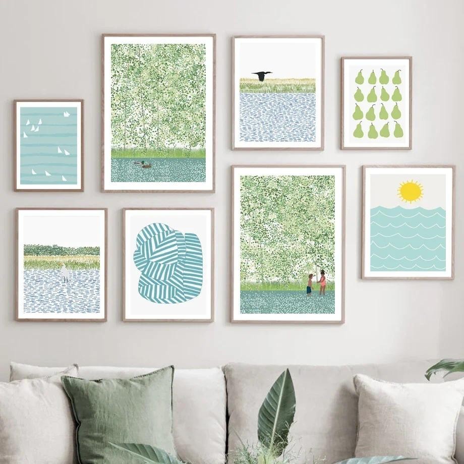 ฤดูร้อนป่าผลไม้เรือใบคลื่นทะเล Minimalist Wall Art ภาพวาดผ้าใบโปสเตอร์และพิมพ์ภาพผนังสําหรับห้องนั่งเล่น Decor