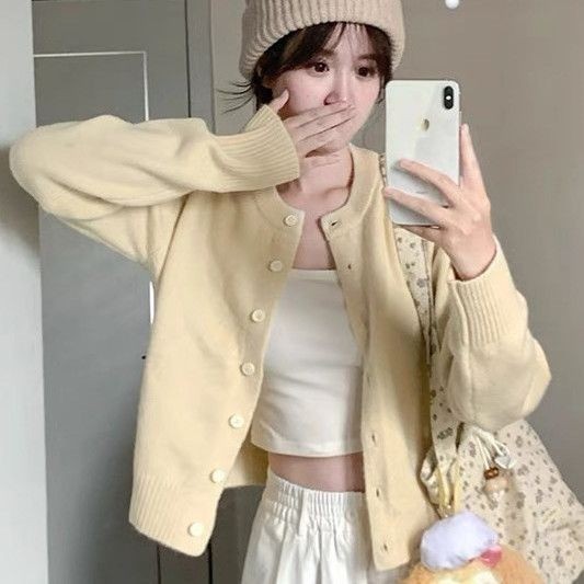 เสื้อคาร์ดิแกนถักผู้หญิงใหม่สไตล์อ่อนโยนนมหลวมสไตล์สั้นนุ่มและเหนียวแขนยาวฤดูใบไม้ร่วง