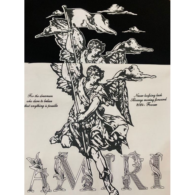 #T9 ยู นิสซ์ เกาหลีวินเทจกราฟฟิตีแองเจิลธงเมฆแบบเถาวัลย์ลายจดหมายพิมพ์ผ้าฝ้ายขนาดบวก คอกลม กราฟิกทียอดนิยม สตรีทแวร์ คู่เสื้อยืดส