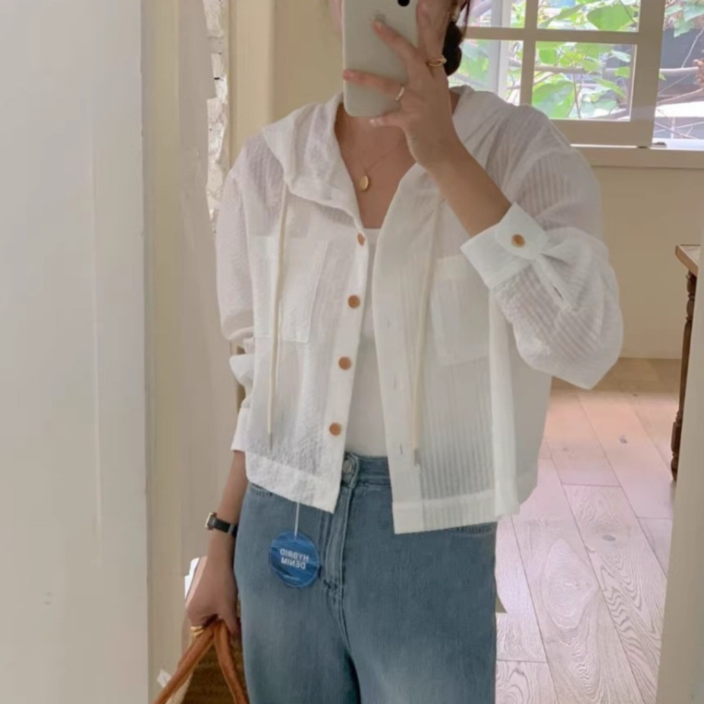 (พร้อมส่งจากกรุงเทพ🇹🇭) เสื้อฮู้ดแขนยาวฤดูร้อนใหม่ของผู้หญิงเสื้อคาร์ดิแกนหลวมลายทางเสื้อกันแดด - รูปที่ 6