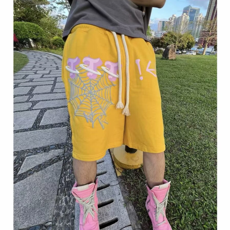 M-5xl Unisex สีเหลือง Street สไตล์พิมพ์กีฬากางเกงขาสั้นแนวโน้ม Hip Hop กางเกงขาสั้นหลวมสบายๆ