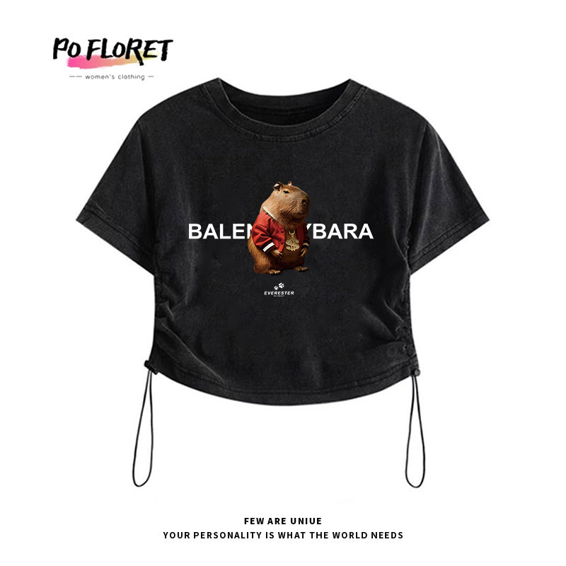 เสื้อครอป baby tee Pofloret ผ้าฟอกวินเทจ รวมลายยอดฮิต มีเชือกรูดที่ด้านข้างปรับได้ #T2054