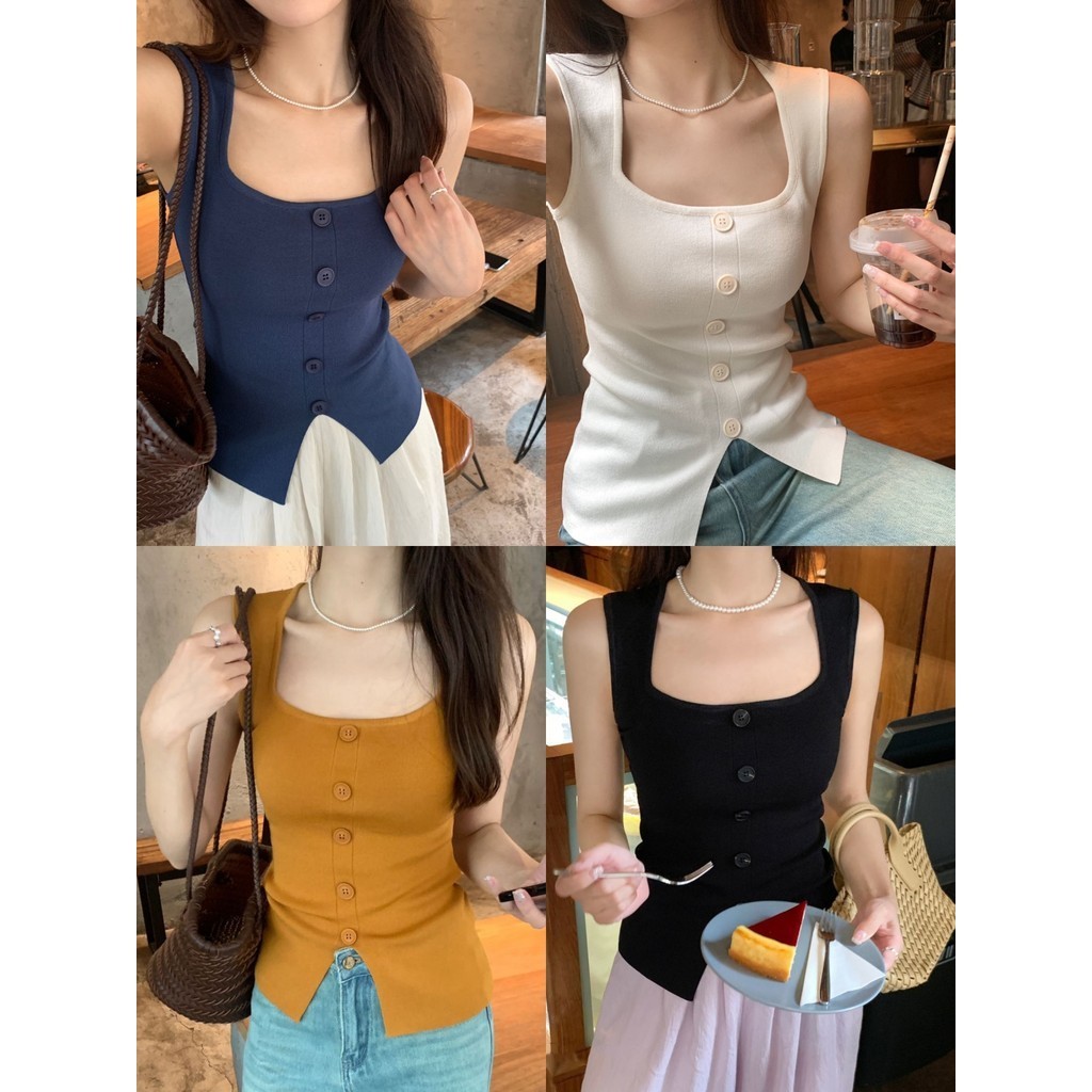 Soroh เสื้อกล้าม สีพื้น ไหมพรม คอเหลี่ยม แต่งกระดุม ผ้ายืด เสื้อแขนกุด สไตล์เกาหลี สวยงาม มินิมอล Z31