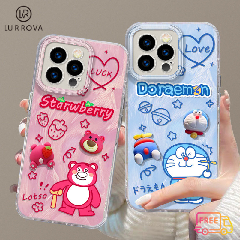เคสสำหรับ OPPO A3 Pro A80 A3X A60 A79 5G A57 A58 A98 A78 A17K A54 A16 A15 A77 A74 A93 A92 A12 A3S A5 A7 A5S A31 A53 A76 A15S A53 A76 A15S A53 3D แมวสีฟ้าสตรอเบอร์รี่หมีกันกระแทกเคสโทรศัพท์