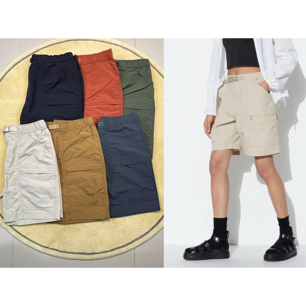 กางเกงขาสั้น ผ้าโพลีเอสเตอร์ Polyester เนื้อผ้านุ่มลื่น เข็มขัดปรับขนาดได้ สีพื้น ใส่ได้ทั้งชายและหญิง (พร้อมส่ง)