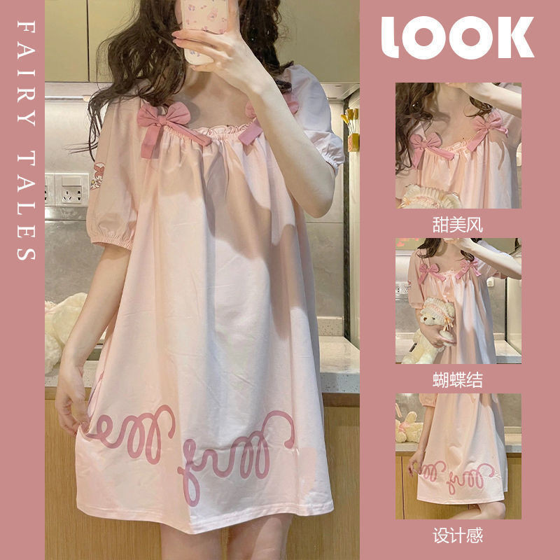 น่ารัก Melody ชุดนอนแขนสั้นผู้หญิง Influencer ฤดูร้อน Sweet Nightdress Casual บางสบาย Homewear