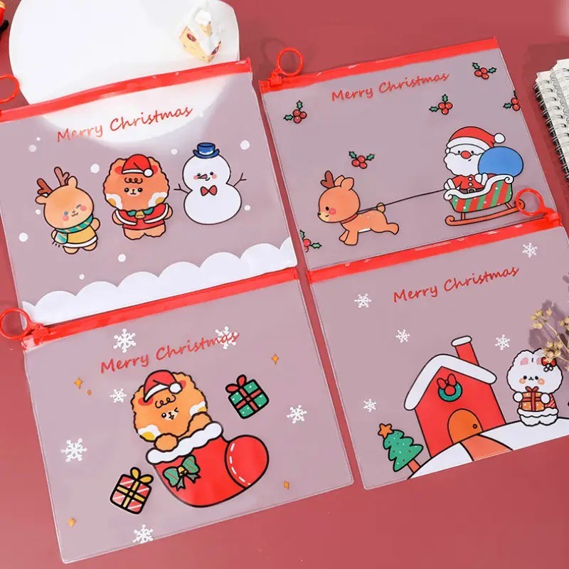 คริสต์มาส Snowman Deer PVC แฟ้มกระเป๋าดินสอนักเรียนโฟลเดอร์เอกสารบรรจุกระเป๋ากันน้ํา Cusmetic กระเป๋า