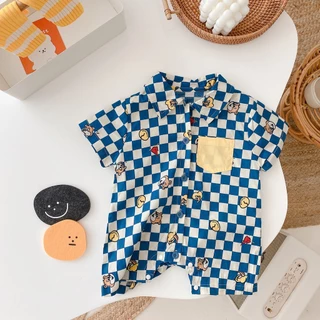 ฤดูร้อนเสื้อผ้าเด็กทารกชายหญิงแขนสั้น ชุดรอมเปอร์ 0-24 เดือนทารกแรกเกิด สุด ๆ หล่อ โปโล กระดานหมากรุก สไตล์เกาหลีบอดี้สูท