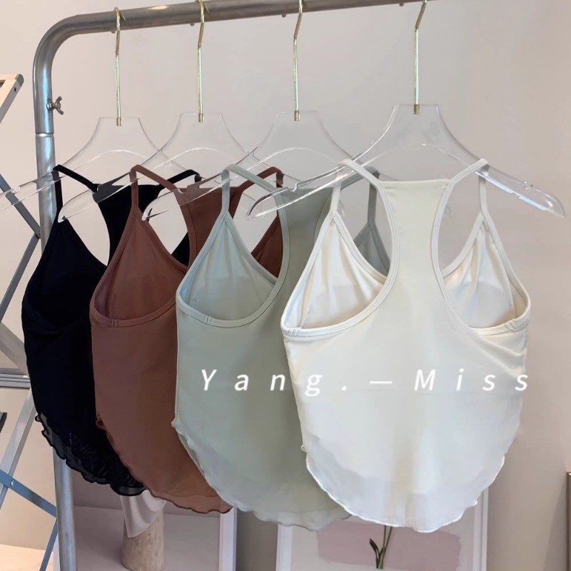 MAGIEYOGA(เบาะคงที่) สปอร์ตบรา เสื้อกั๊กกีฬาเย็บปะติดปะต่อ เสื้อชั้นในแบบแขวนสำหรับวิ่งออกนอกบ้านแบบสบาย ๆ บราโยคะออกกำลังกายระบายอากาศแบบยืดหดได้