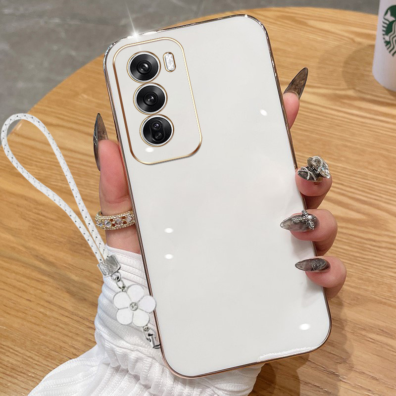 ปลอกสําหรับoppo Reno 12 5G Reno 12 F Reno12 Pro 5G 12FหรูหราElectroplatedตรงขอบซิลิโคนนุ่มโทรศัพท์ป้องกันกรณีดอกไม้เชือกแขวน