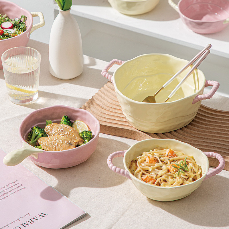 🍋 ชุดอาหารเย็นเซรามิกสีชมพูน่ารัก: ชามข้าว 4.5''+สลัด 6'' /ชามก๋วยเตี๋ยว+ชามซุป 8'' พร้อมที่จับ/หู+ช้อน