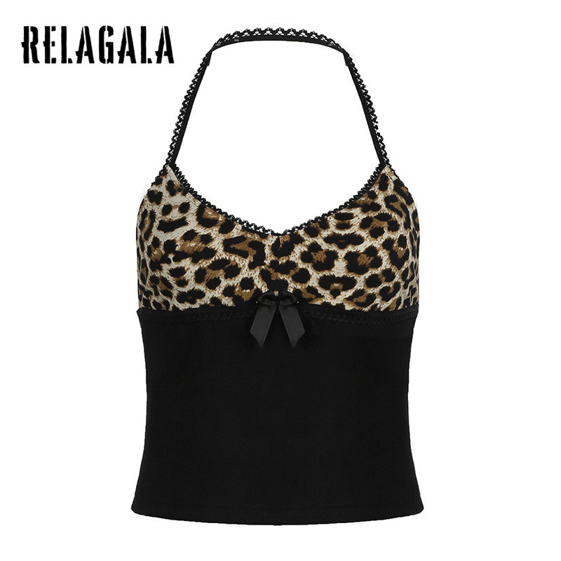 Relagala ผู้หญิง 2024 ใหม่แฟชั่นเสือดาวพิมพ์การจับคู่สีคอสลิง V คอ Crop Top