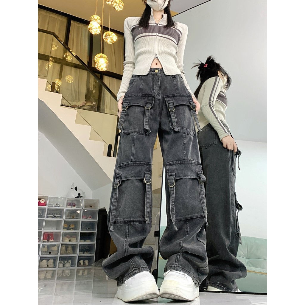 vibeSlimming High Street Overalls High Waist Loose Jeans Straight Washed Mop Multi-Pocket American Women Autumn and Winter