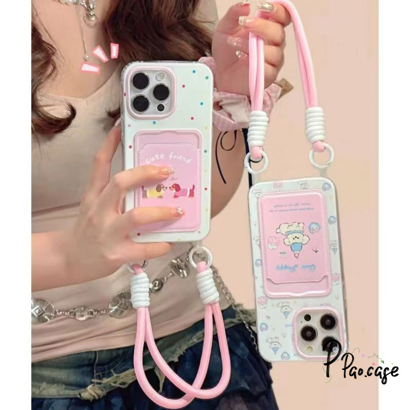 กระเป๋าสตางค์ลูกสุนัขสีชมพูใช้งานร่วมกับกระเป๋าสตางค์เคสไอโฟน IPhone 11 15 13 14 12 Pro Max 7 15 8 14 Plus XR X XS Max