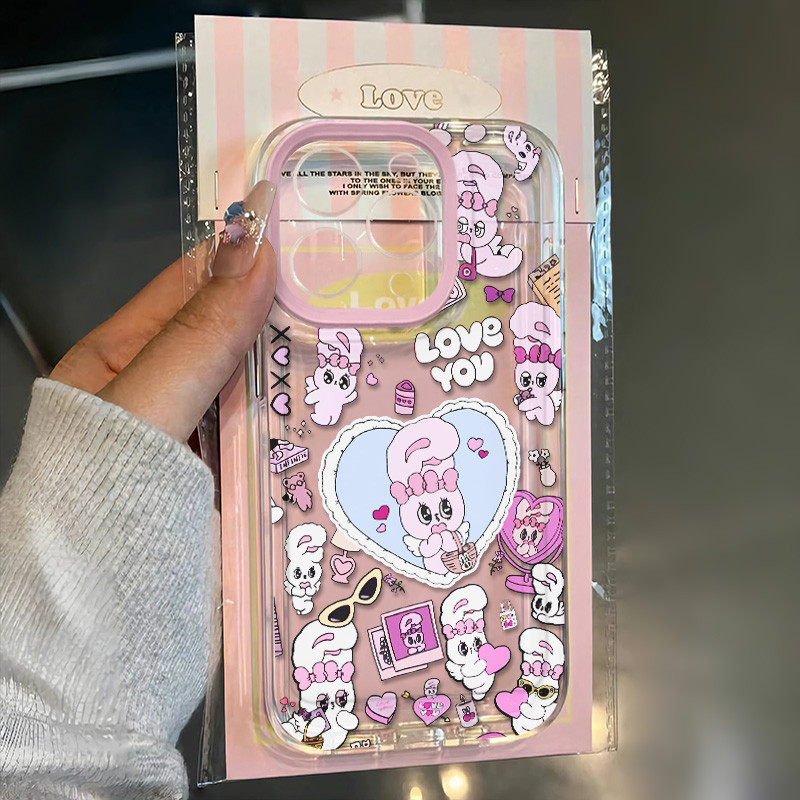 ส่วนบุคคลหัวใจรักการ์ตูนกระต่ายน้อยเคสโทรศัพท์เข้ากันได้สําหรับ ไอโฟน 15 14 13 12 11 มือโปร สูงสุด เอ็กซ์อาร์ X/XS สูงสุด 7 8 บวกประณีตที่สวยงามลักษณะกรณีโทรศัพท์