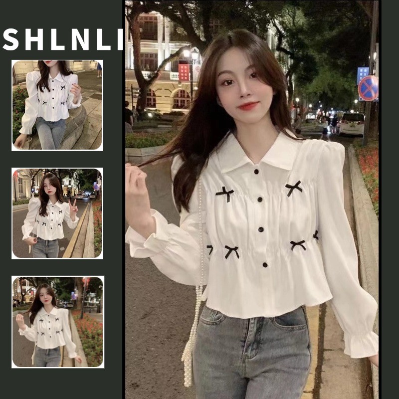 ฤดูใบไม้ผลิฤดูร้อนสไตล์ฝรั่งเศสย้อนยุคของผู้หญิงโบว์สดหวานเสื้อเชิ้ตแขนยาวสีขาว