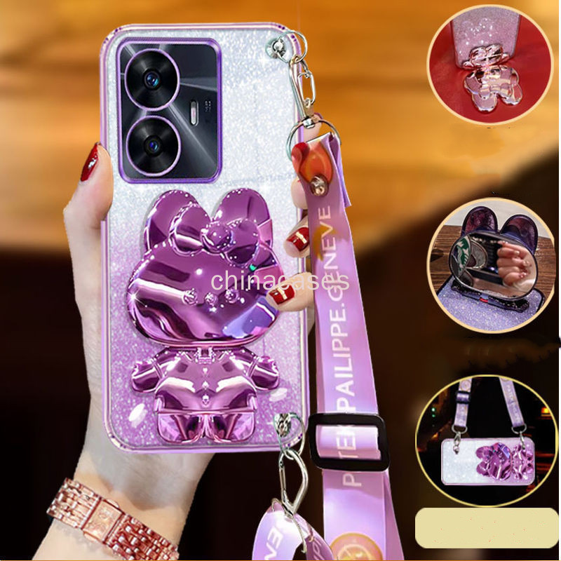 ปลอกrealme C55 C63 C61 C15 C53 C35 C33 C31 C21 C30 C30S C21Y C25Yสายรัดข้อมือยาวสไตล์กระต่ายเครื่องสําอางกระจกผู้ถือหรูหรานุ่มTpuเคสโทรศัพท์