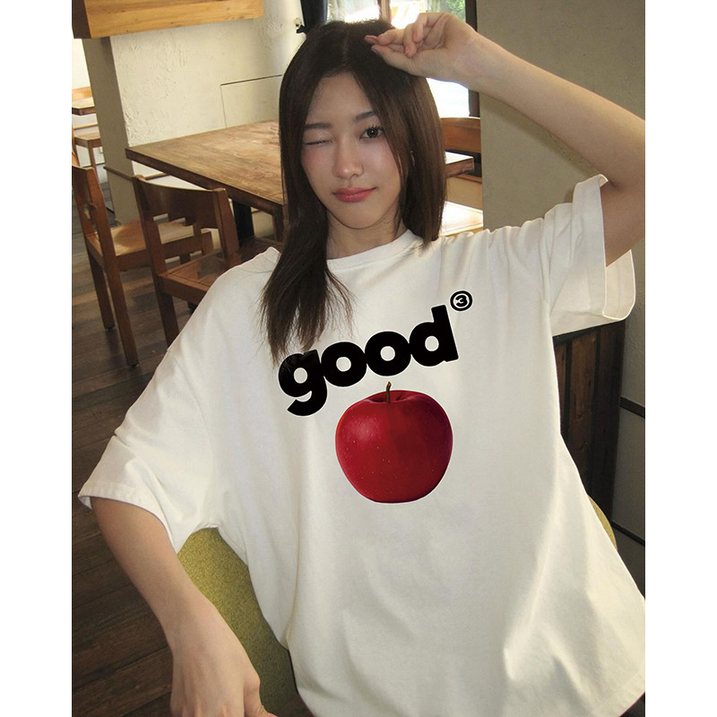Nuziro เสื้อยืด oversize - แฟชั่นสีแดงแอปเปิ้ลพิมพ์เสื้อยืดแขนสั้นสำหรับสุภาพสตรี #I295