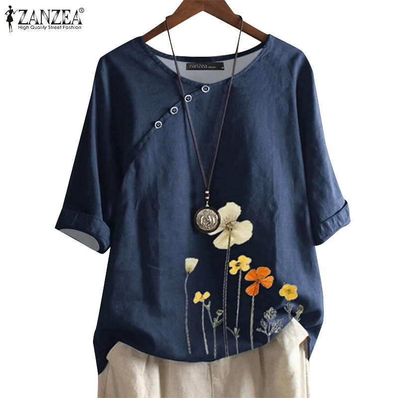 ZANZEA ซานเซีย ผู้หญิงเกาหลีลําลองรอบคอกลางแขนเสื้อพิมพ์เสื้อหลวม