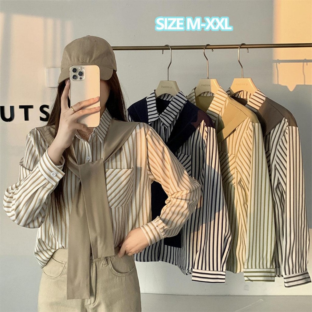 MIMI&DIDI#เสื้อเชิ้ตแขนยาวลายทาง แฟชั่น ผ้าคลุมไหล่ปลอม เสื้อโปโลลายสองชิ้นทรงหลวมมีกระเป๋า สไตล์เกาหลี#W334