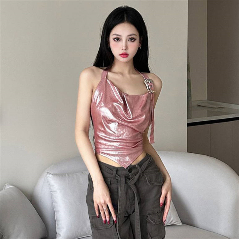 ฤดูใบไม้ร่วง Cool Sa Yu Jie สายคล้องคอผู้หญิงหน้าเงาพับออกแบบเสื้อกั๊กสั้นสาวร้อนเสื้อเซ็กซี่หมายเหตุทอกำมะหยี่ Opoa