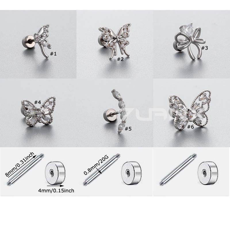 1 ชิ้นผีเสื้อรูปร่างต่างหูกระดูกอ่อนสตั๊ด Helix เจาะ 20Gauge สีเงินหัวแบน