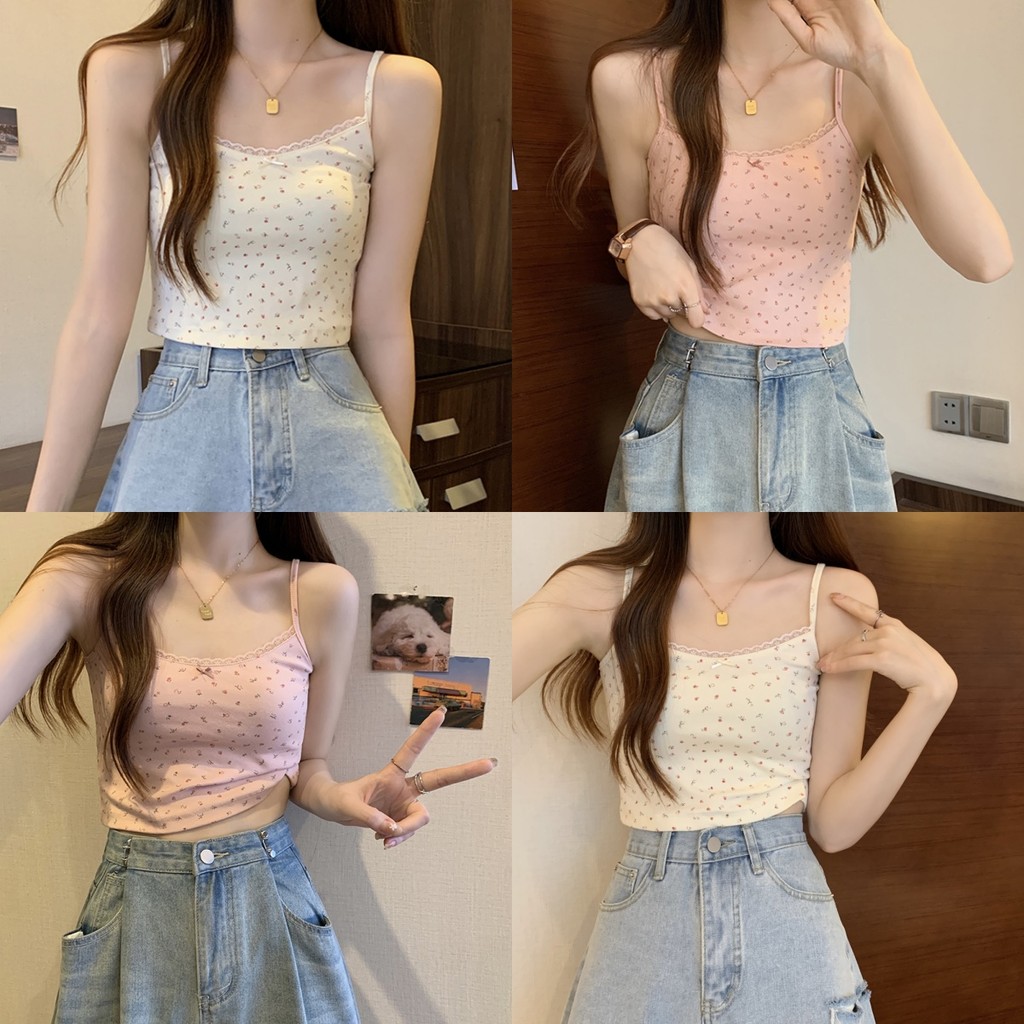🍎Evelyn🍎เสื้อสายเดี่ยว มีฟองน้ำ สลิม ลายดอกไม้ แต่งโบว์ ลูกไม้ เสื้อกล้ามผู้หญิง สไตล์เกาหลี ผ้าดีมาก ใส่สบาย#FYC017-S