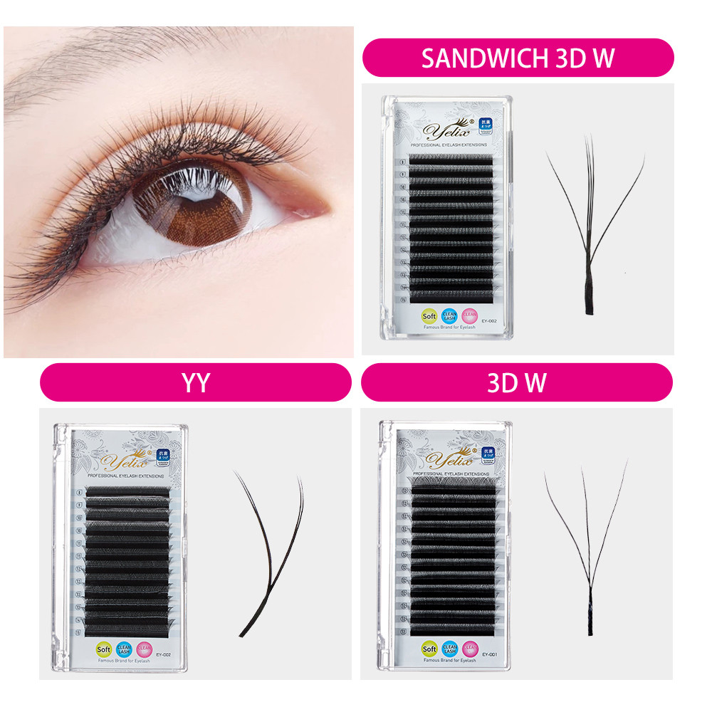 Yelix 0.07 YY/3D W Eyelash Extensions แซนวิช Clover W รูปร่าง 3D Premade พัดลมขนตาปลอม Professional Volume Eyelashes
