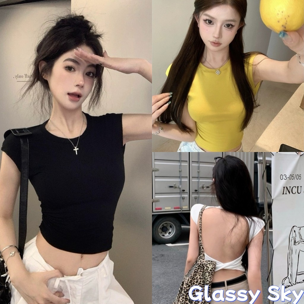Glassy Sky พร้อมส่ง เสื้อครอปไหมพรมแขนสั้น เว้าหลัง เกาหลีสไตล์ มีฟองน้ำ ยืดตามตัวสวมใส่สบาย(FY5037)