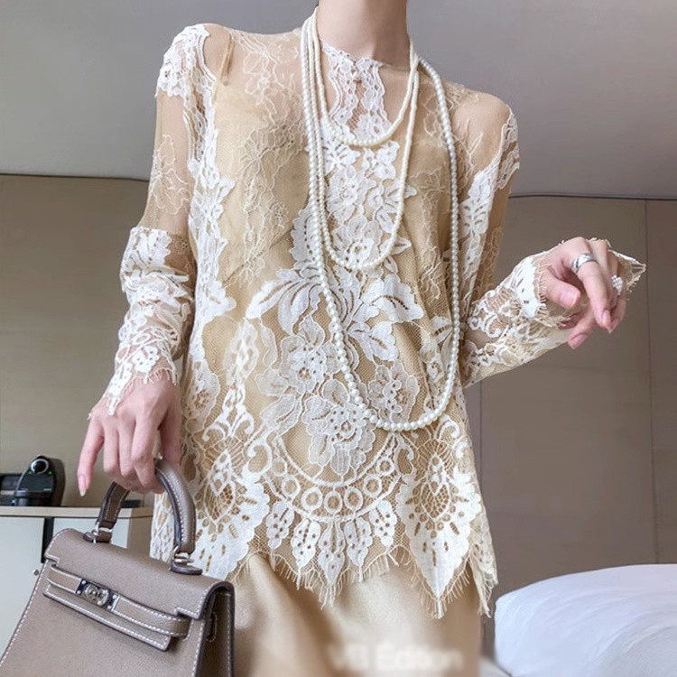 Blouse Sexy Lace Shirt Soft Glutinous T T-shirt Hollow-out Women's Shirt Long Sleeve Romantic Sun Pr