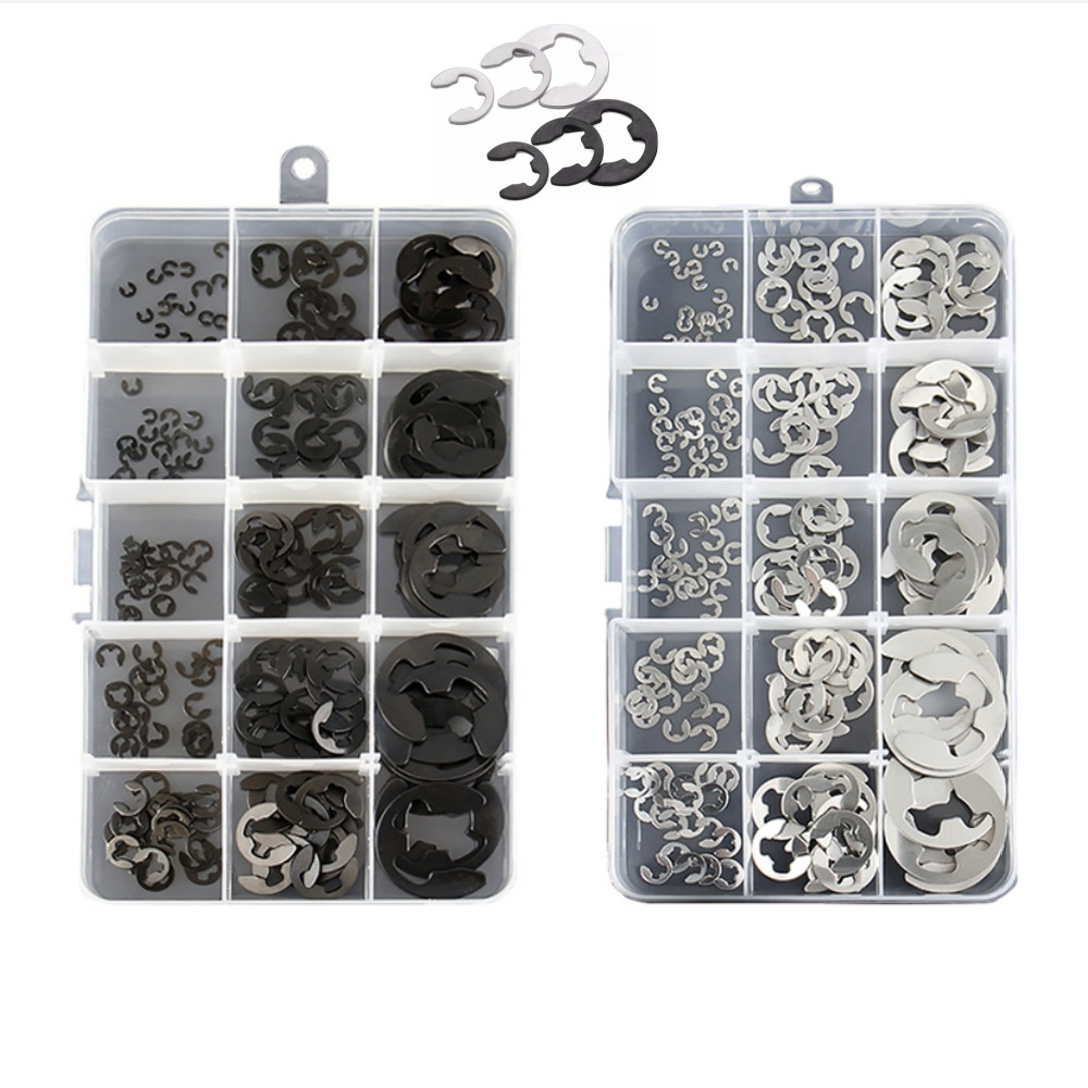 [33333] 225 ชิ้น/เซ็ต E-Shaped Snap แหวนเครื่องซักผ้าชุด 304 สแตนเลส M1.5-M15 Pulley Shaft ด้านนอกหัวเข็มขัด