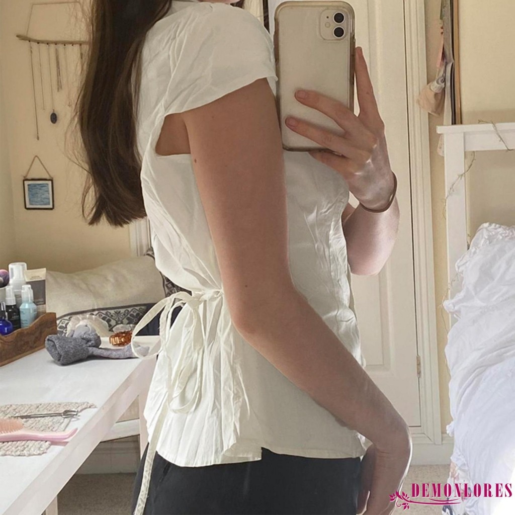 Demonlores-ผู้หญิงปุ่มลงหมวกแขนปกผูกกลับสลิมฟิตท็อปส์เสื้อฤดูร้อน - รูปที่ 2