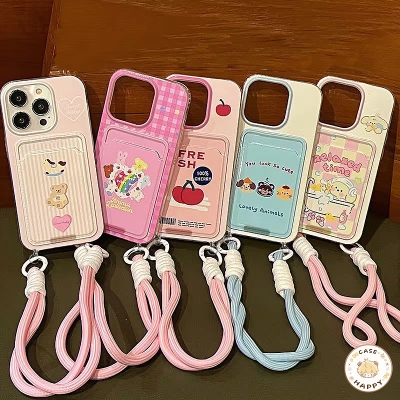 เชอร์รี่สีแดงลูกหมีน่ารักหมีสีรักหัวใจ ช่องใส่บัตรพร้ เคสไอโฟน 15 11 13 14 12 Pro Max X XS XR Max 7 8 14 15 Plus SE 2020