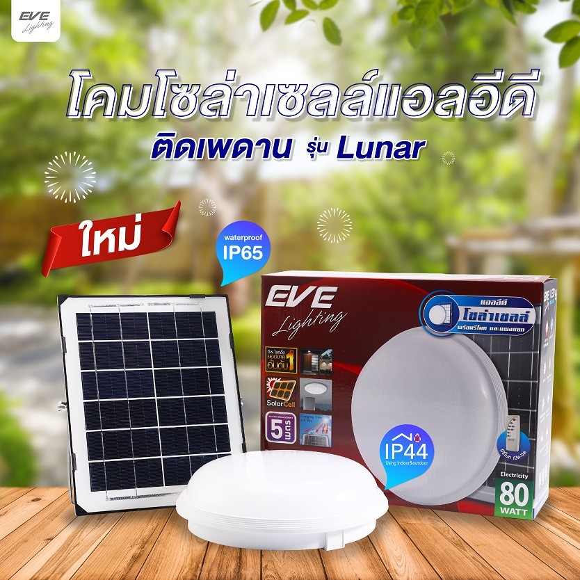 โคมไฟติดเพดาน LEDโซล่าเซลล์ รุ่น LUNAR พร้อมรีโมท แสงขาว แอลอีดี ขนาด 80W พร้อมแผงโซล่าเซลล์ และสายพ่วงความยาว 5 เมตร