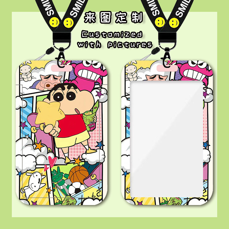 การ์ตูนน่ารักเครยอนชินจังผู้ถือบัตรเครดิตที่มีเชือกเส้นเล็กคออุปกรณ์ระบุสํานักงานโรงเรียนบัตรปกป้องเครื่องเขียน