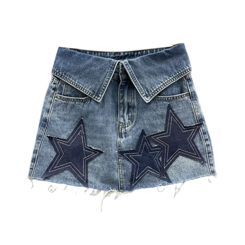 พับเอว Star Patch กระโปรงยีนส์ผู้หญิง 2024 ฤดูร้อน Retro สาวร้อน A-Line Frayed กระโปรงสะโพกกางเกง