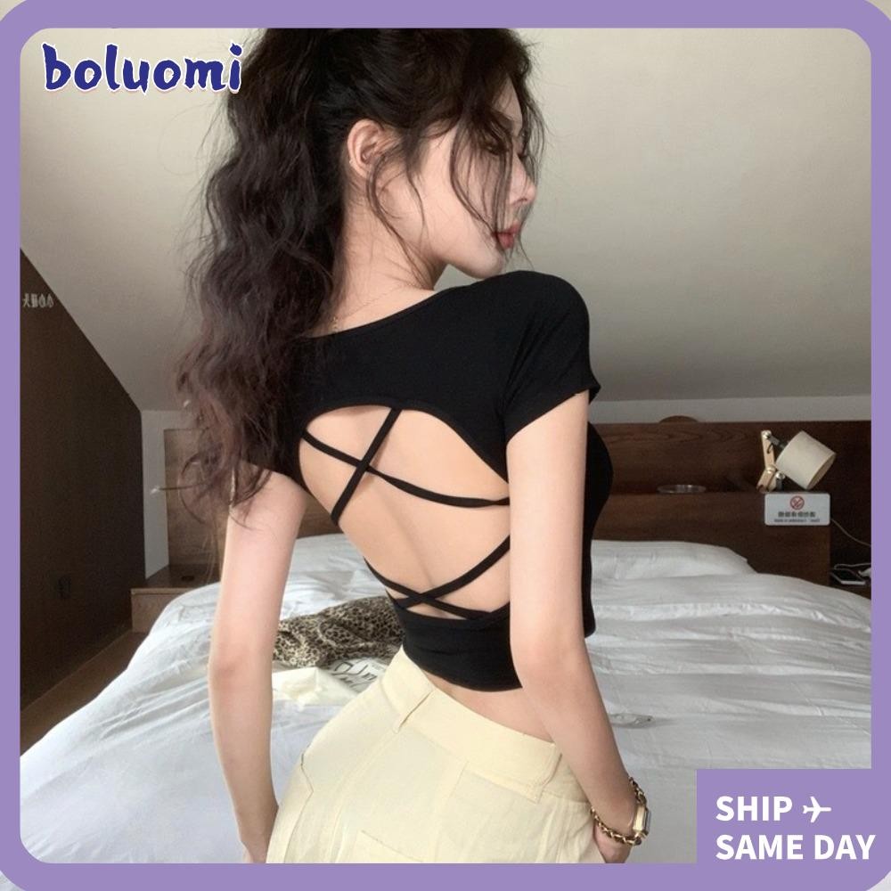 เสื้อยืด BOLUMI, Slim Spice Girl เสื้อกั๊กหลังสวย, ลําลองพร้อมแผ่นรองหน้าอก Summer Crop Top Street