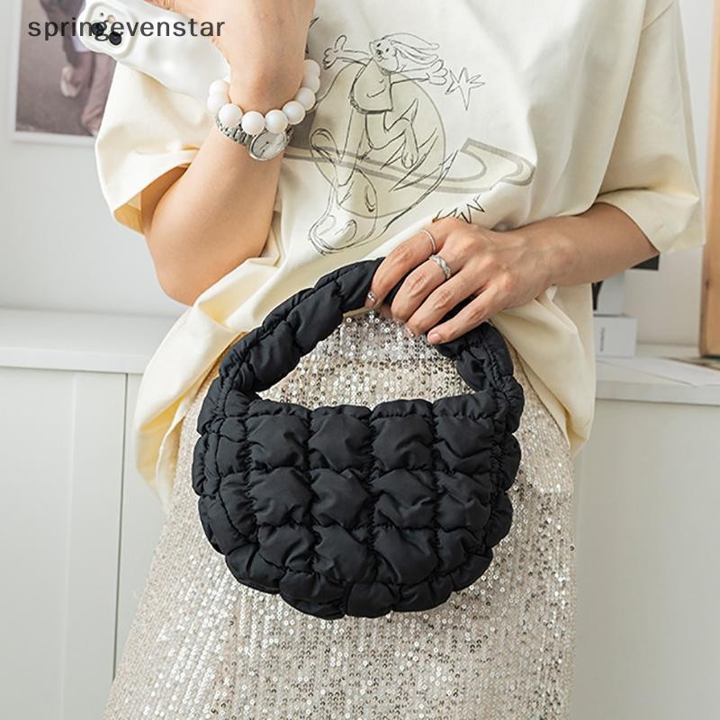 Springevenstar แฟชั่น Mini Puffer Tote กระเป๋า Quilted วงกลมกระเป๋าโทรศัพท์ Elegant สีม่วงไนลอนนุ่มเบาะกระเป๋าแนวโน้มกระเป๋าถือ Springevenstar