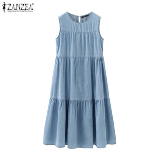 Zanzea ชุดเดรสทรงเอจีบแขนกุดสไตล์เกาหลีสําหรับผู้หญิง