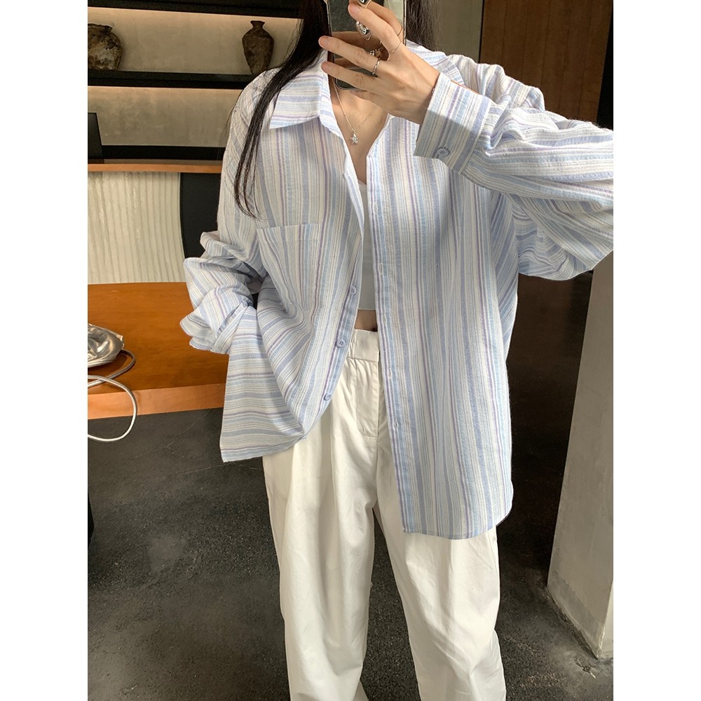 PKB15081 ใหม่เสือเชิ้ตคอปกผู้หญิง ทรงหลวมลายทาง อก44 สีฟ้า/ส้ม free size แฟชั่นยอดฮิตขายดี 🎆ส่งจากไท