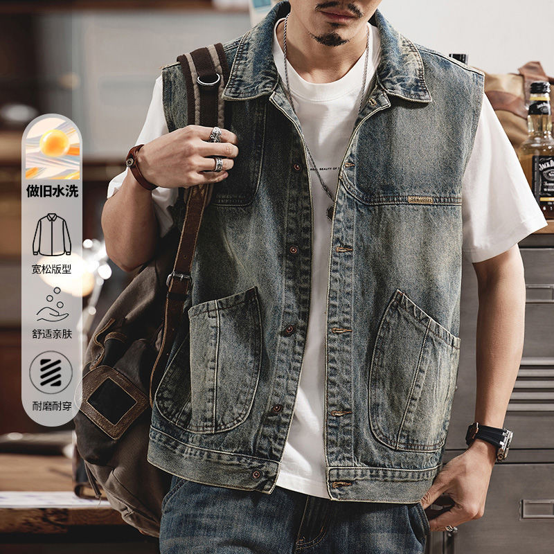 [เจ & N] ฤดูใบไม้ผลิฤดูใบไม้ร่วง ชุดทํางาน เสื้อกั๊กยีนส์ผู้ชายหลายกระเป๋าแจ็คเก็ตกลางแจ้งเสื้อกั๊กผู้ชายสบายๆเสื้อกั๊กขนาดใหญ่กระเป๋าด้านในเสื้อยีนผู้ - รูปที่ 4