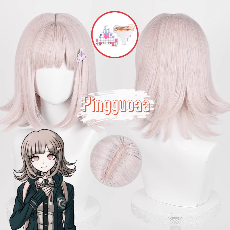 【Manmei】Danganronpa Chiaki Nanami Cosplay Wig 35cm Grey Pink Heat Resistant Synthetic Hair