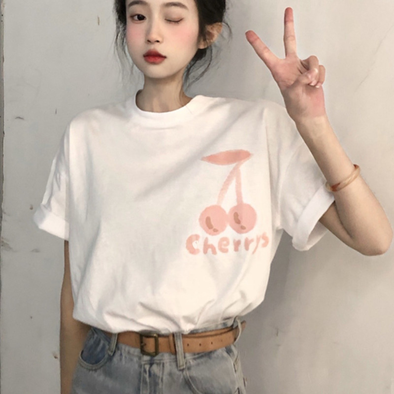 เสื้อยืดแขนสั้นเสื้อหลวมดูผอมแขนสั้นเสื้อยืดผู้หญิงแบบบางพิมพ์ลายเชอร์รี่ผ้าฝ้ายแท้เสื้อ8730